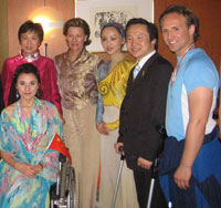 From the left: Zumulaiti (in the wheelchair) as HM Queen Sonja, Ms. Gao Jian - Amabassador of the People's Republic of China in the Kingdom of Norway (behind the wheelchair), the real Queen Sonja of Norway, Tai Lihua - President/dancer of China Disabled People's Performing Art Troupe, Mark Wang and Thomas Stanghelle.